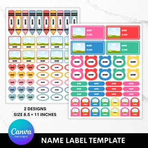 May include: Two sheets of printable name label templates measuring 21.59 by 27.94 cm. The designs feature colourful crayon shapes, heart and oval stickers, bear-shaped labels, and rectangular tags with fields for name and class, all with editable text.