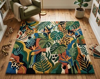 Hand Tufted Tropical Wool Rug, Jungle Leopard Print Area Carpet