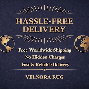 May include: A navy blue background with gold text that reads "HASSLE-FREE DELIVERY." The text is accompanied by two gold globes and the words "Free Worldwide Shipping," "No Hidden Charges," and "Fast & Reliable Delivery."