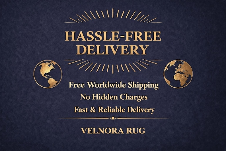 May include: A navy blue background with gold text that reads "HASSLE-FREE DELIVERY." The text is accompanied by two gold globes and the words "Free Worldwide Shipping," "No Hidden Charges," and "Fast & Reliable Delivery."