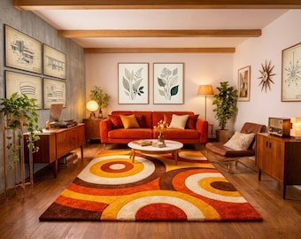 Retro Abstract Circle Rug, Mid Century Wool Tufted Carpet, Orange Yellow Living Room Rug