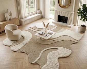 Handmade Irregular Abstract Organic Sculptural Area Rug, Modern Beige Carpet