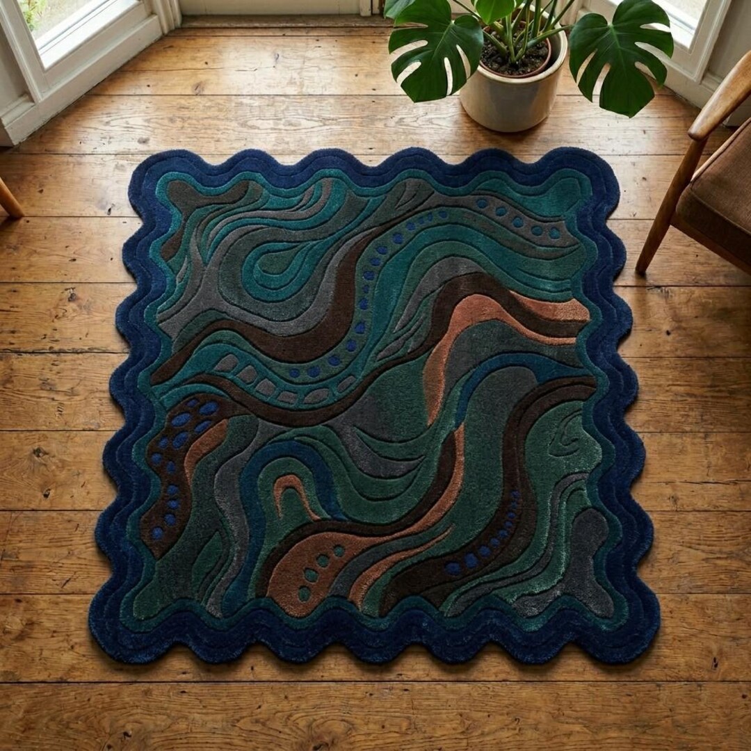Wavy Long Rug Abstract Wavy Edge Rug, Organic Shape Tufted Wool Rug, Irregular Modern ...