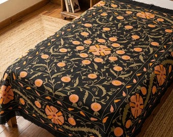 Handmade Black Suzani Embroidered Bedspread - Vintage Floral Cotton Bed Sheet with Bohemian Chain Stitch Needlework size 60x90