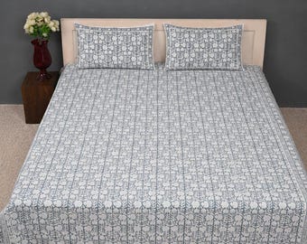 Juego de sábanas de algodón con estampado a mano de Jaipur con fundas de almohada, colcha floral azul pizarra con diseño de enrejado tradicional indio, tamaño Queen/King.