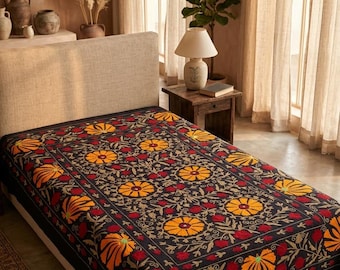 Midnight Sunset Hand-Embroidered Suzani Bedspread – Golden Dahlia & Crimson Vine size 60x90