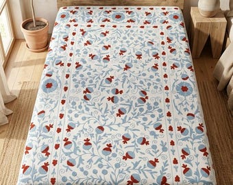 Artisanal White Cotton Suzani Bedsheet – Blue & Crimson Floral Embroidery – Hand-Stitched Pomegranate Motif Elegant Bedspread size 60x90