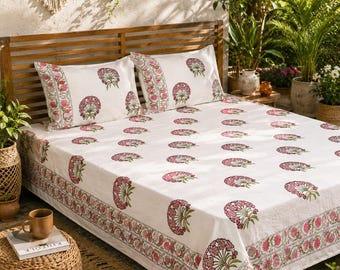 Premium Handloom Cotton Block Print Double Bedsheet - 100% Textured Cotton Thick Bedspread, Traditional Floral Jaipur Hand Block
