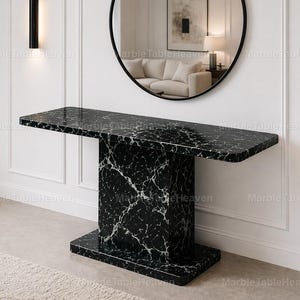 Nero Marquina Marble Console Table, Black Marble Entryway Table, Modern Luxury Sofa Table, Minimalist Pedestal Console, Designer Furniture