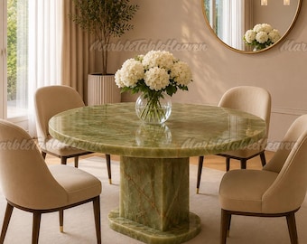 Luxury Green Onyx Round Dining Table | Natural Stone Pedestal Furniture
