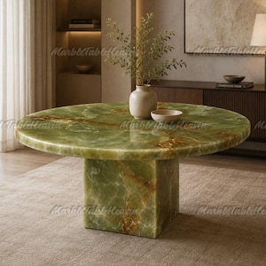 Green Onyx Round Dining Table, Luxury Emerald Marble Coffee Table, Natural Stone Center Table, Modern Pedestal Table, Mid Century Decor