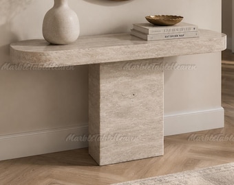 Modern Travertine Console Table, Oval Stone Entryway Table, Luxury Marble Sofa Table, Wabi Sabi Hallway Furniture, Pedestal Console