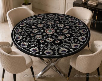 Handmade Pietra Dura Round Dining Table, Black Marble Table with Floral Mother of Pearl Inlay, Luxury Marble Dining Table, Custom Furniture