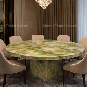 Modern Green Onyx Dining Table, Round Marble Table with Square Pedestal Base, Custom Luxury Stone Furniture, Handmade Natural Onyx Table