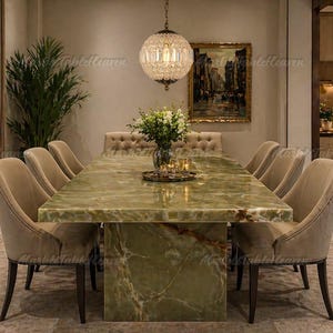 Luxury Green Onyx Dining Table | Modern Rectangular Stone Kitchen Table | Custom Large Marble Dining Room Table | Executive Conference Table
