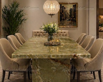 Luxury Green Onyx Dining Table | Modern Rectangular Stone Kitchen Table | Custom Large Marble Dining Room Table | Executive Conference Table