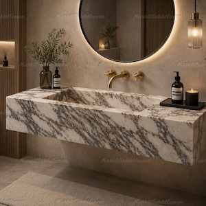 Calacatta Viola Marble Sink Wall Mount Vanity | Floating Marble Basin | Luxury Integrated Stone Bathroom Sink | Custom Console