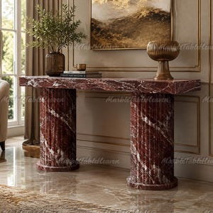 Luxury Rosso Levanto Marble Console Table | Fluted Column Pedestal Entryway Table | Modern Ribbed Red Marble Sofa Table | Designer Furniture