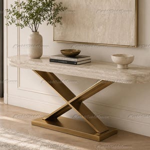 Travertine Console Table | Gold X Base, Modern Marble Entryway, Minimalist Stone Sofa Furniture