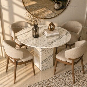 Round Calacatta Marble Dining Table, Plinth Base, White Grey Stone Kitchen Furniture