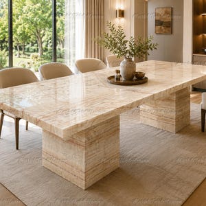 Natural Onyx Dining Table, Cream Travertine, Rectangular Double Pedestal, Mid Century Modern Furniture