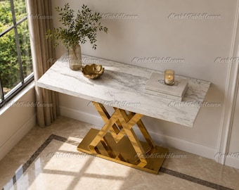 Luxury White Marble Console Table, Gold Chevron Base Entryway Table, Modern Foyer Table, Elegant Sofa Console, Designer Furniture