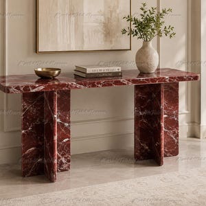 Consola de mármol rojo Rosso Levanto, base de pedestal con cruz escultural, muebles de piedra de lujo.