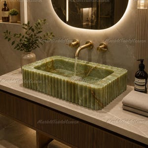 Rectangular Fluted Onyx Vessel Sink, Green Stone Bathroom Vanity Sink, Ribbed Natural Onyx Washbasin, Luxury Powder Room Basin