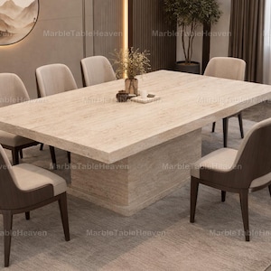 Tavolo da pranzo di lusso in travertino / Tavolo in pietra color crema Japandi / Tavolo da pranzo moderno e organico / Tavolo rettangolare in marmo / Arredamento minimalista per la sala da pranzo