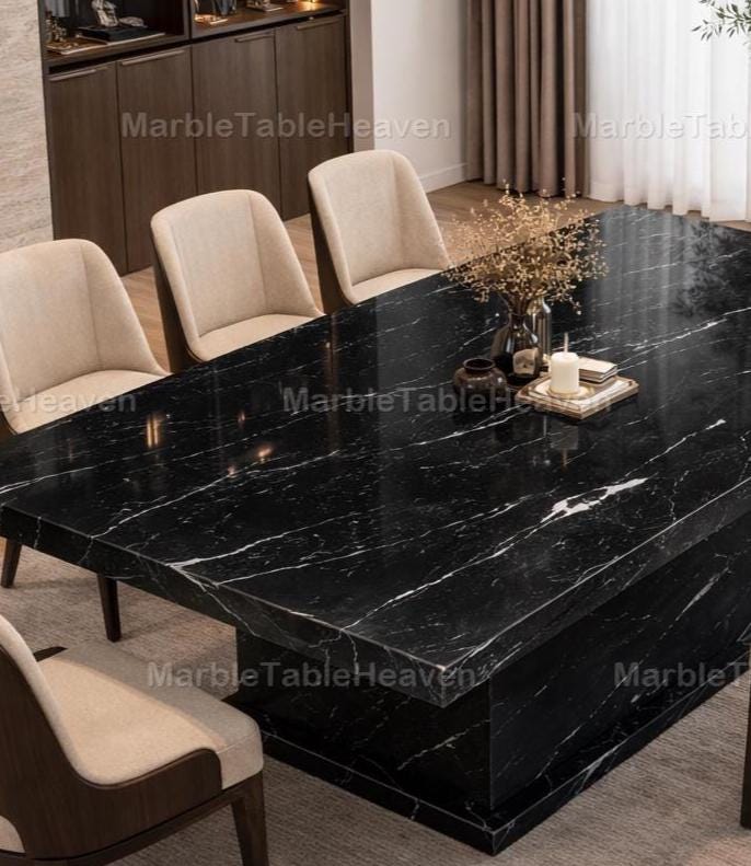 Modern Black Marble Dining Table, Nero Marquina Style Rectangular Table ...