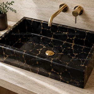 Luxury Black & Gold Marble Vessel Sink | Rectangular Natural Stone Bathroom Basin | Modern Countertop Washbasin Vanity Sink