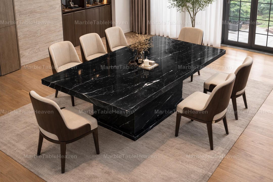 Modern Black Marble Dining Table, Nero Marquina Style Pedestal, Luxury ...
