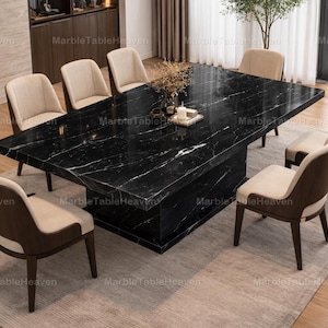 Modern Black Marble Dining Table, Nero Marquina Style Rectangular Table, Luxury Pedestal Dining Table, Custom Stone Table, Marble Furniture
