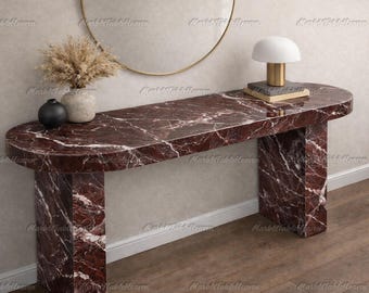 Rosso Levanto Red Marble Console Table, Oval Natural Stone Entryway Table, Luxury Sofa Table, Modern Minimalist Marble Furniture