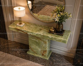 Luxe groene onyx consoletafel, moderne marmeren haltafel, minimalistische stenen gangkast, handgemaakte onyx banktafel, woondecoratie