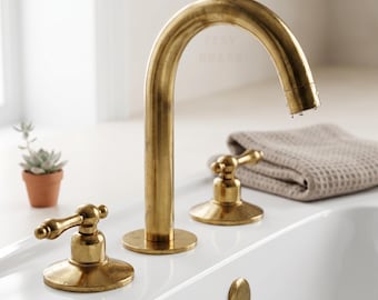 Unlacquered Brass Bathroom Faucet: Widespread Dual Handle 3-Hole Sink