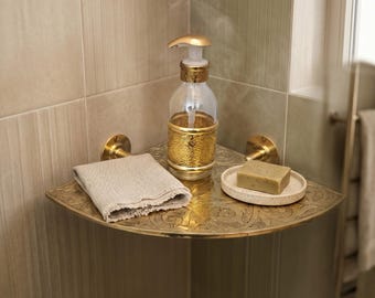 Unlacquered Brass Corner Shelf - Handmade Etched Wall Mounted Corner Shelves