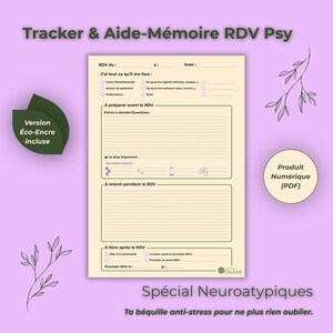 Könnte beinhalten: Ein digitaler PDF-Planer mit dem Titel "Tracker & Aide-Mémoire RDV Psy". Der Planer enthält Abschnitte für Termine, Vorbereitung und Notizen. Der Text ist auf Französisch, mit dem Label "Produit Numérique (PDF)".