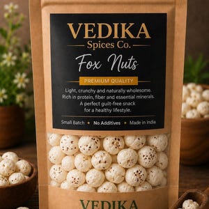 Può includere: Una busta marrone in piedi contenente fox nuts bianche e rotonde. L'etichetta nera riporta il testo VEDIKA Spices Co. Fox Nuts, PREMIUM QUALITY e una descrizione del prodotto. Il fondo della busta mostra anche il nome del marchio.