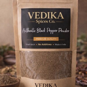 Auténtica pimienta negra en polvo, pimienta negra recién molida, granos de pimienta finamente molidos de primera calidad, pimienta negra india de producción limitada, especias Vedica.