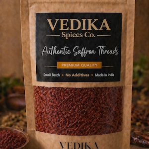 Può includere: Una confezione di fili di zafferano Vedika Spices Co. Il sacchetto di carta marrone ha un'etichetta nera con il testo "Authentic Saffron Threads" e "Premium Quality". Il sacchetto è pieno di fili di zafferano rossi. È visibile anche il testo "Small Batch, No Additives, Made in India".