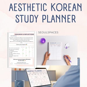 Koreanska språkinlärningsplanerare | Studierapportering | Ordförrådslogg och månatliga mål | Digital koreansk studiedagbok | Utskrivbar PDF