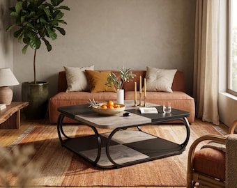 Wooden Coffee Table with 2 Tier Storage Shelf: Large Grey Walnut Living Room Table