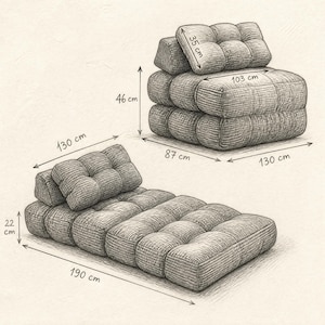 May include: A pencil sketch of a modular sofa and armchair. The sofa is 190 cm long and 22 cm high, with a backrest that is 130 cm wide. The armchair is 130 cm wide and 46 cm high. The seat cushions are 87 cm wide and 103 cm long.