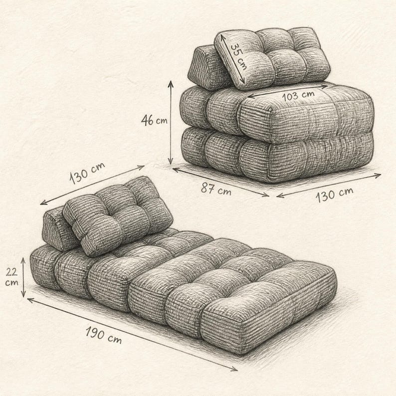 May include: A pencil sketch of a modular sofa and armchair. The sofa is 190 cm long and 22 cm high, with a backrest that is 130 cm wide. The armchair is 130 cm wide and 46 cm high. The seat cushions are 87 cm wide and 103 cm long.