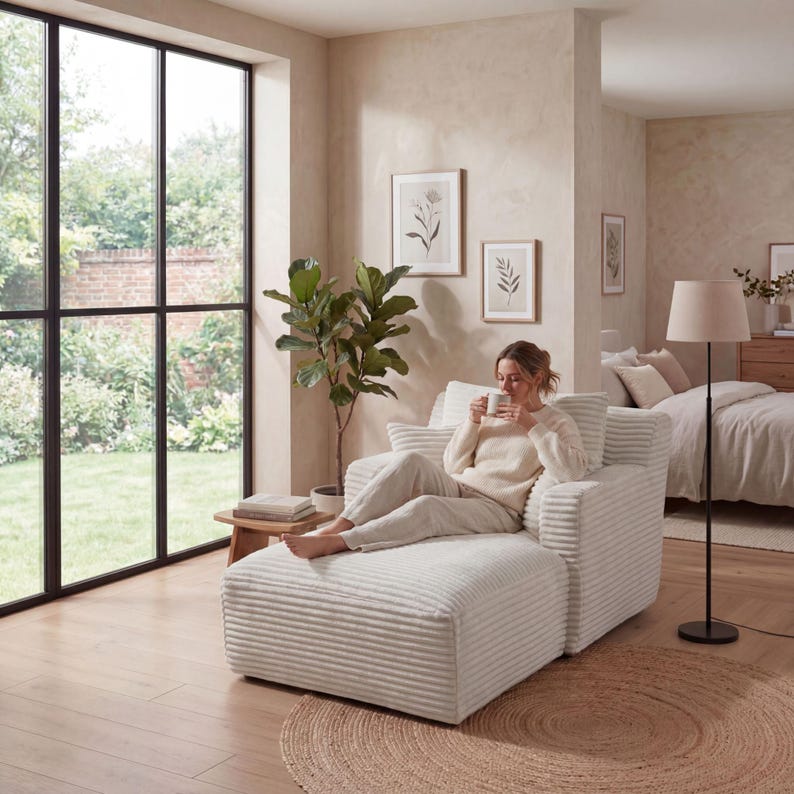 May include: A white corduroy chaise lounge with a matching ottoman. A person is seated on the chaise lounge, holding a mug. The room has a large window, a floor lamp, and framed botanical prints.