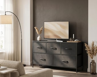 5 Schublade Schwarzer Stoff Kommode: Schlafzimmer Lagerung Dresser Schrank, Kleidung Organizer & TV-Ständer