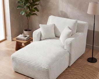 White Corduroy Velvet Chaise Lounge: Integrated Ottoman, Cozy Reading Chair