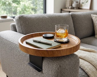 Couch Arm rest Table: Oak Wood Sofa Armrest Tray, Side Table for Living Room
