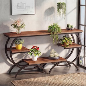 May include: A console table with a dark wood finish and a curved black metal frame. The table features a long top surface, two smaller side shelves, and a lower central shelf, all holding various potted plants and a small cactus arrangement.